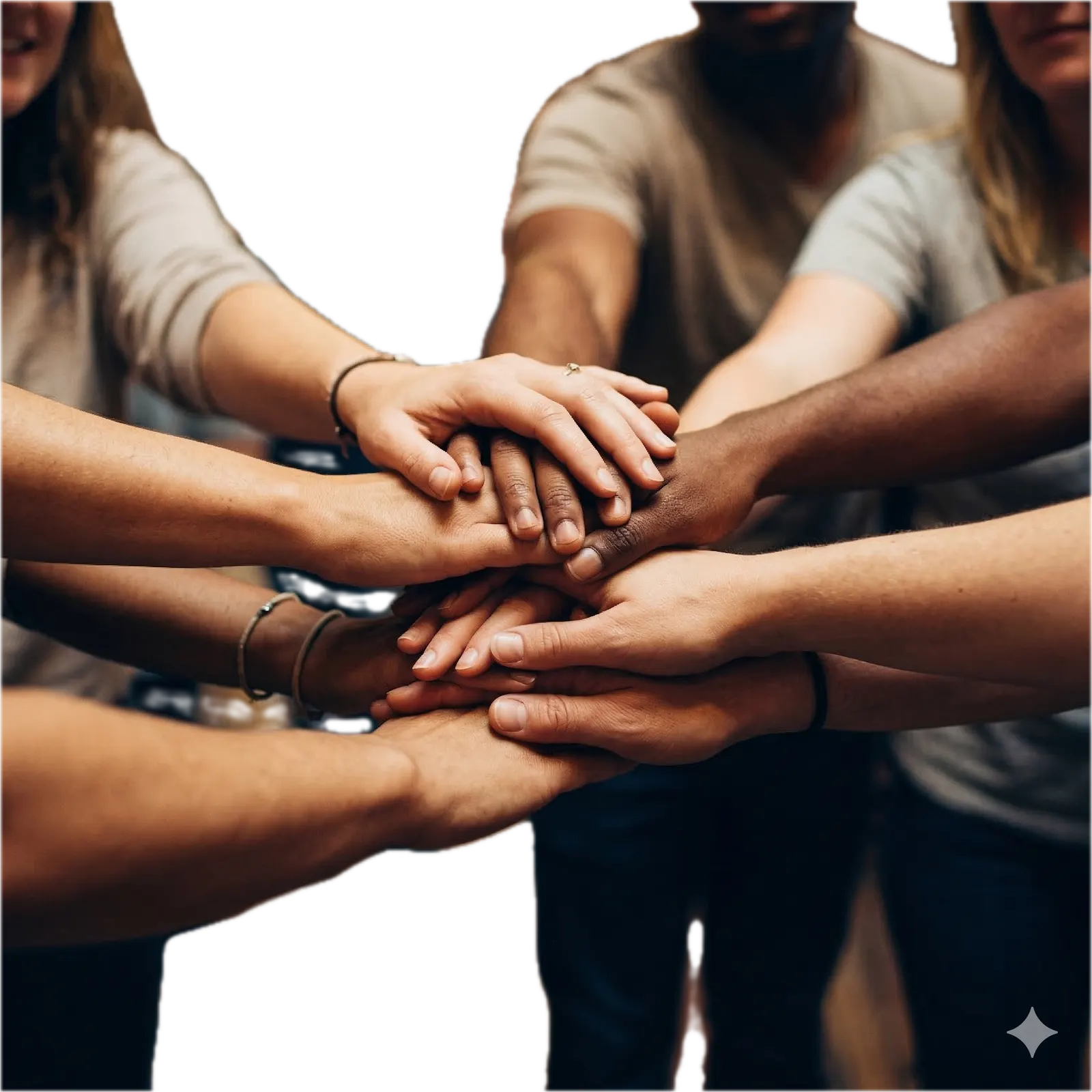 Many hands of different skin tones stacked together in the middle of a circle of people.