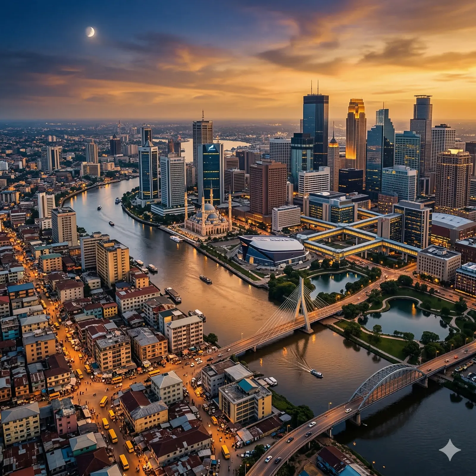 Lagos at dusk from the air: the lagoon, a cable-stayed bridge, high-rise towers and a mosque lit against a gold sky.