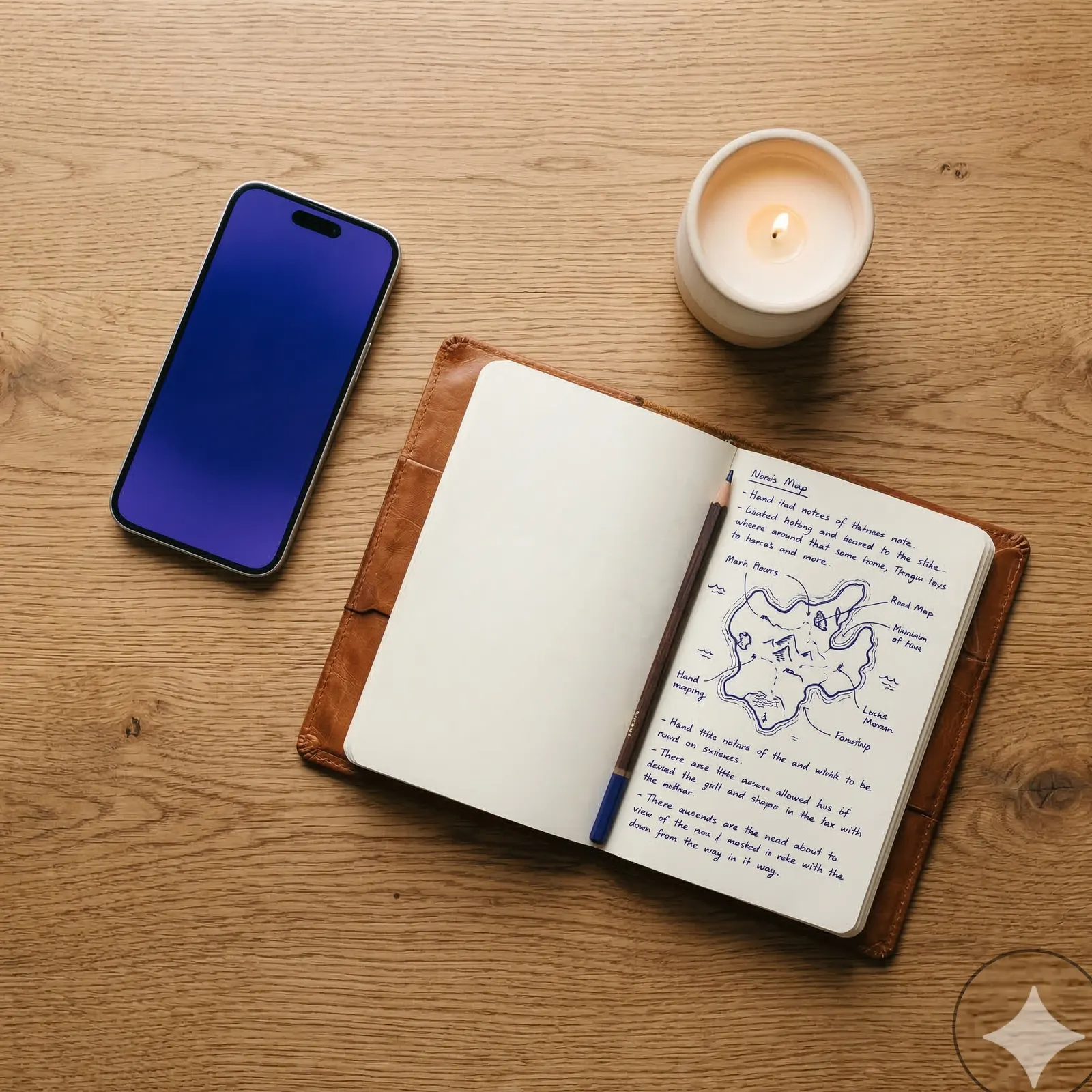A phone, a lit candle, and an open leather notebook filled with handwritten notes, laid out on a wooden desk.