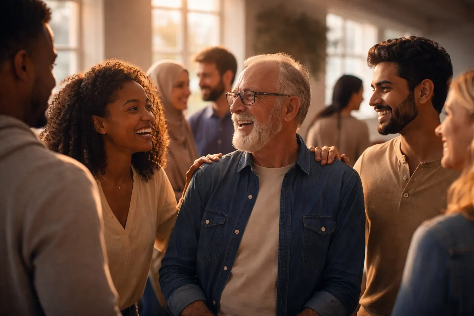 A group of people of different ages and backgrounds standing close together and talking, lit by warm light from tall windows.