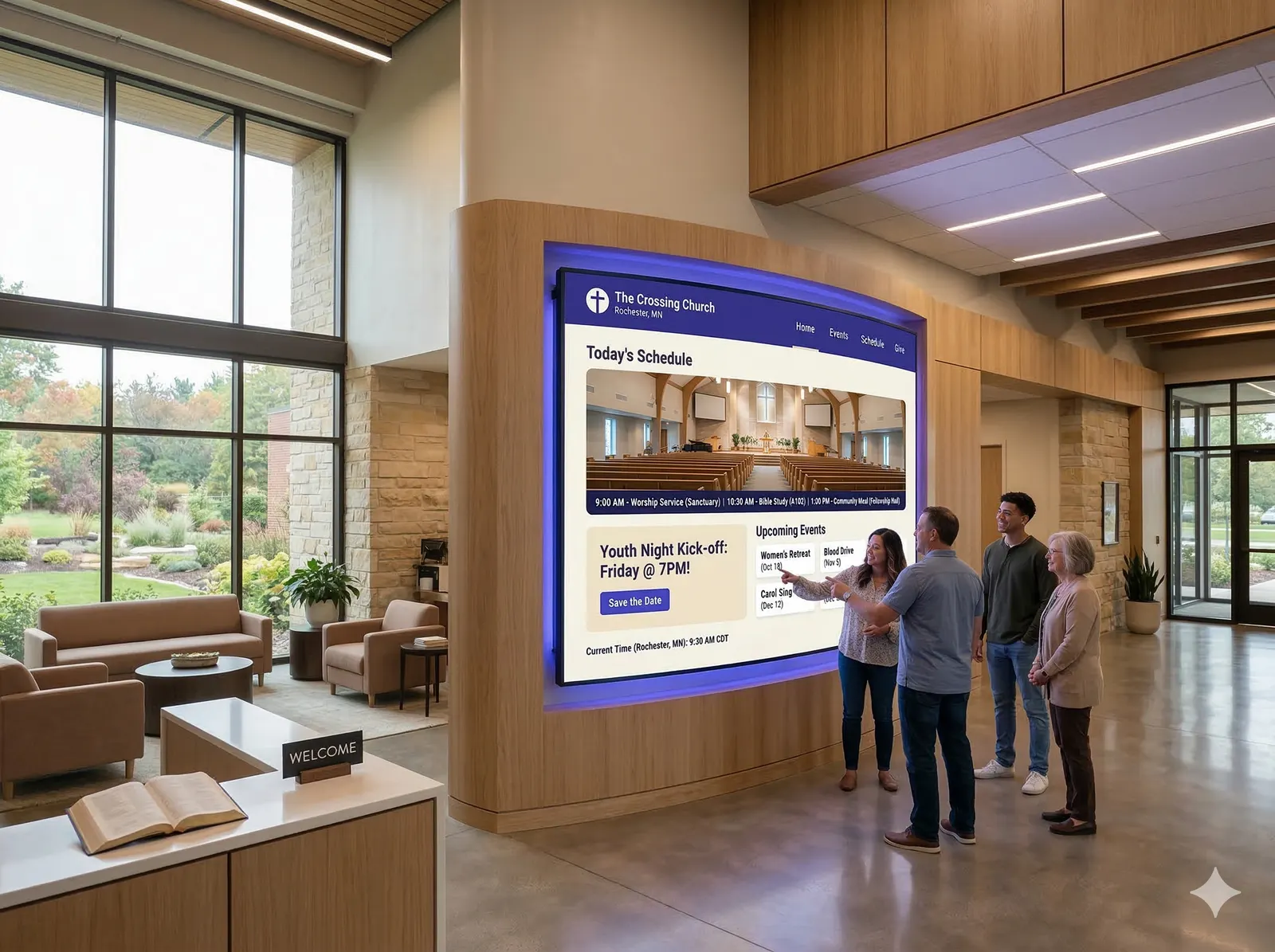 A bright church lobby with tall windows, where a few people stand talking beside a large wall-mounted display.