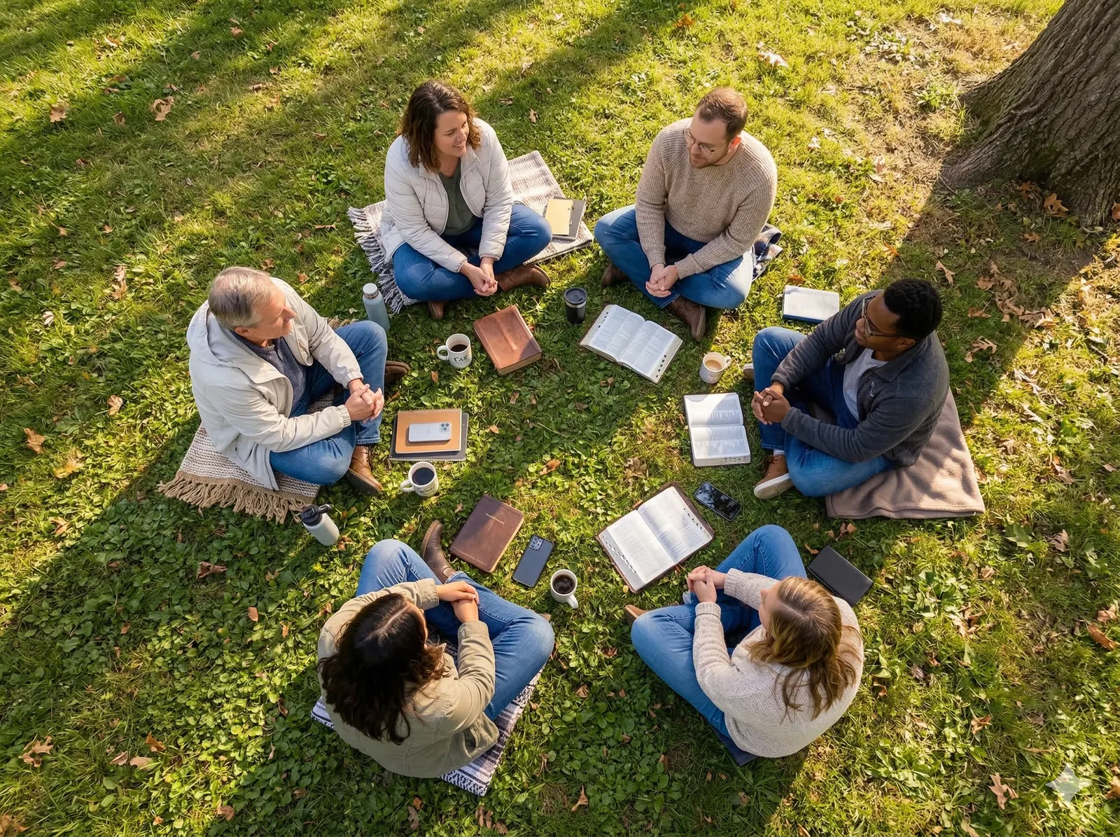 Seen from above, seven people sit in a circle on the grass with open books, mugs and blankets between them.