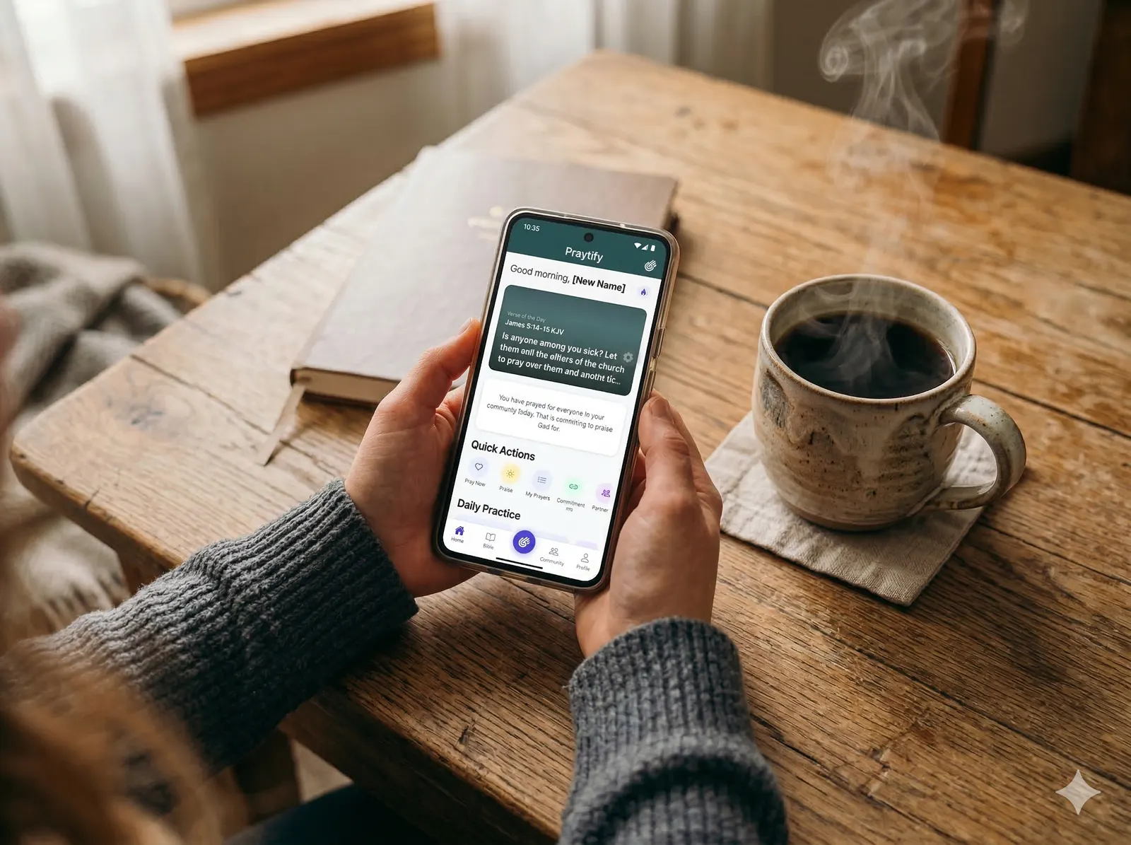 Hands holding a phone showing a prayer app beside a mug of coffee on a wooden table.