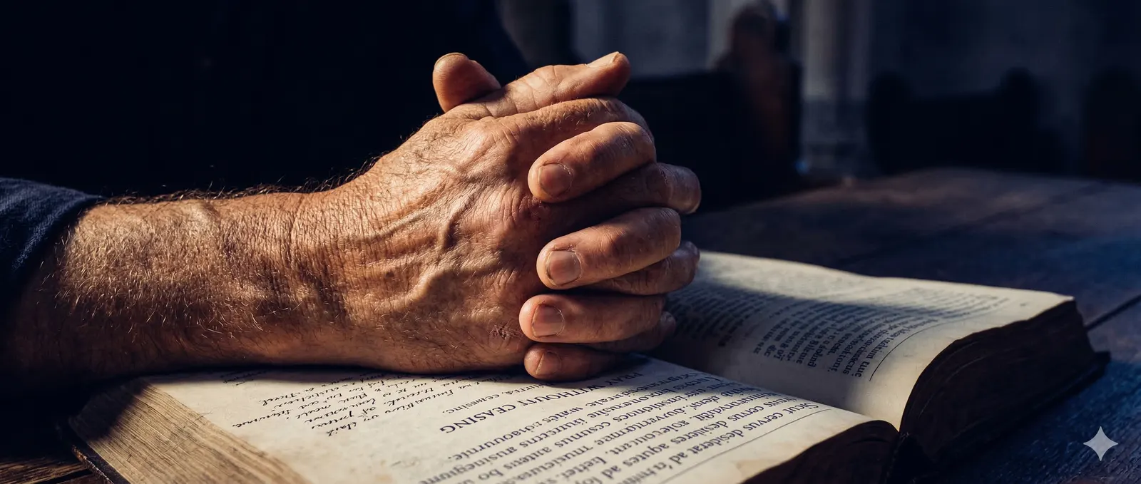 A pair of weathered, folded hands resting on an open book in low, warm light.